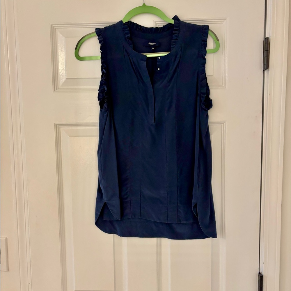 Madewell Silk Navy Ruffle Sleeve Blouse